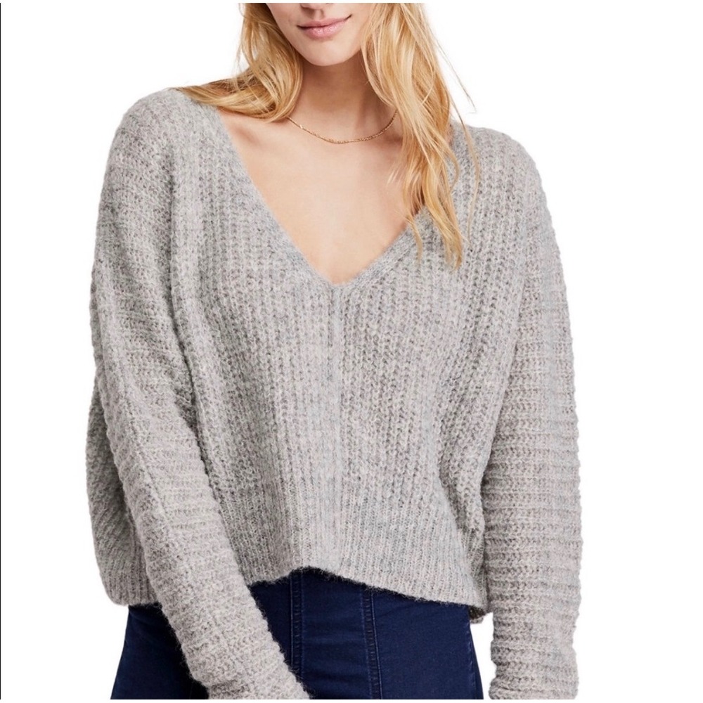 Free People Moonbeam Alpaca Blend Deep V-Neck Dolman Sweater Gray Womens Medium‎